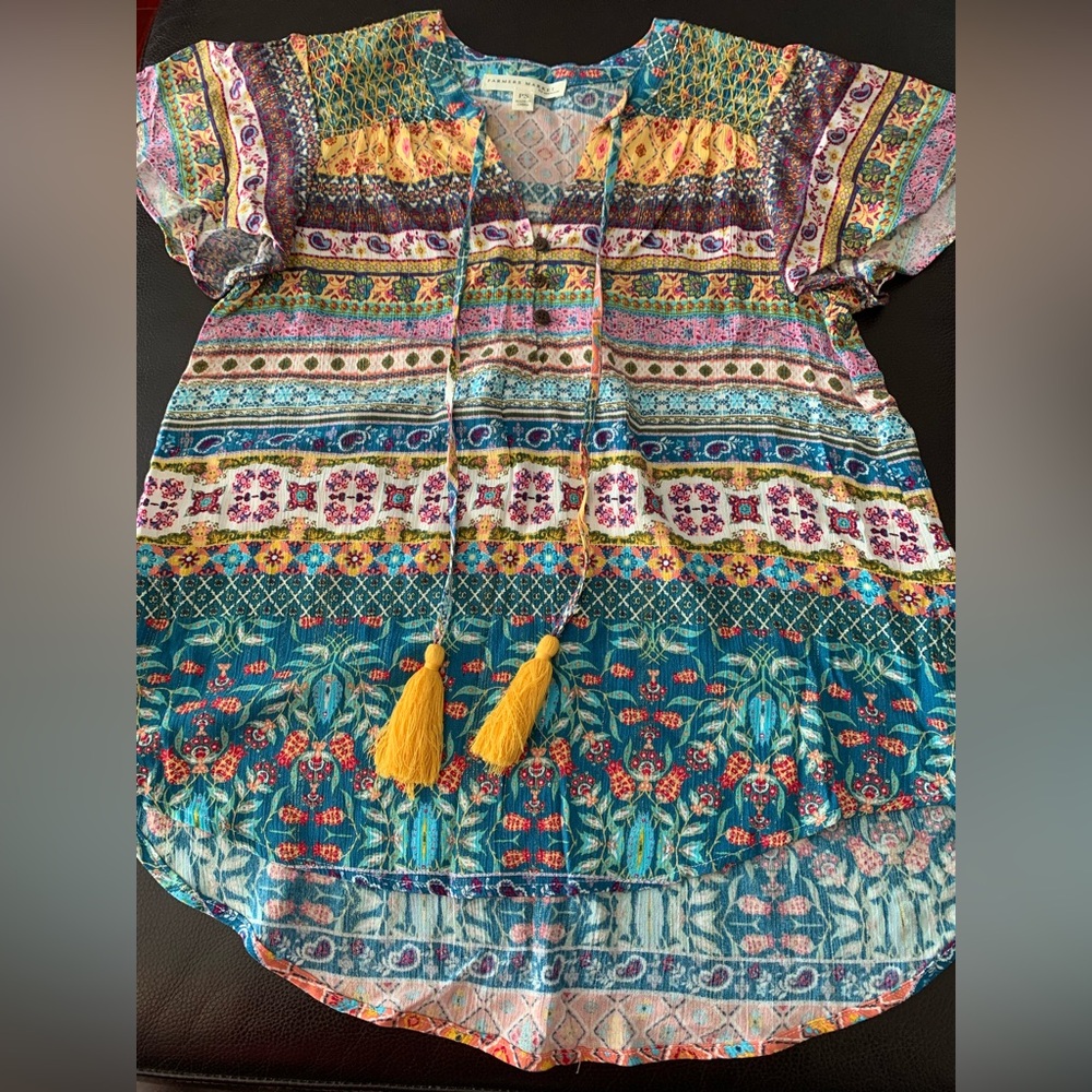 The Farmers Market by Oneworld Blouse Top Floral Short Sleeve Boho Peasant Girl